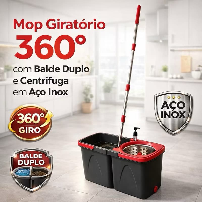 Mop Giratório Duo com Cesto Inox Duas Águas, Desmontável, Prático para Limpeza Rápida Profunda Eficiente, Facil de Usar