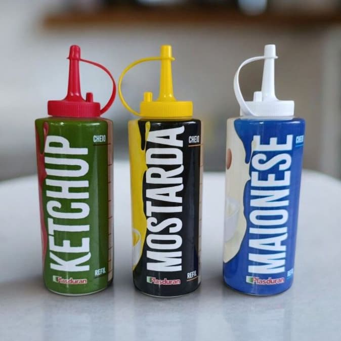 Kit Bisnagas Decoradas Kettchup Maionese Mostarda, Molho uso em Bares Lanchonetes 350 ml Proficional.
