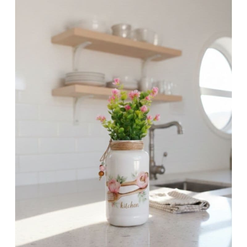 Vaso Decorativo Cozinha " Kitchen " com flores artificiais Rosa