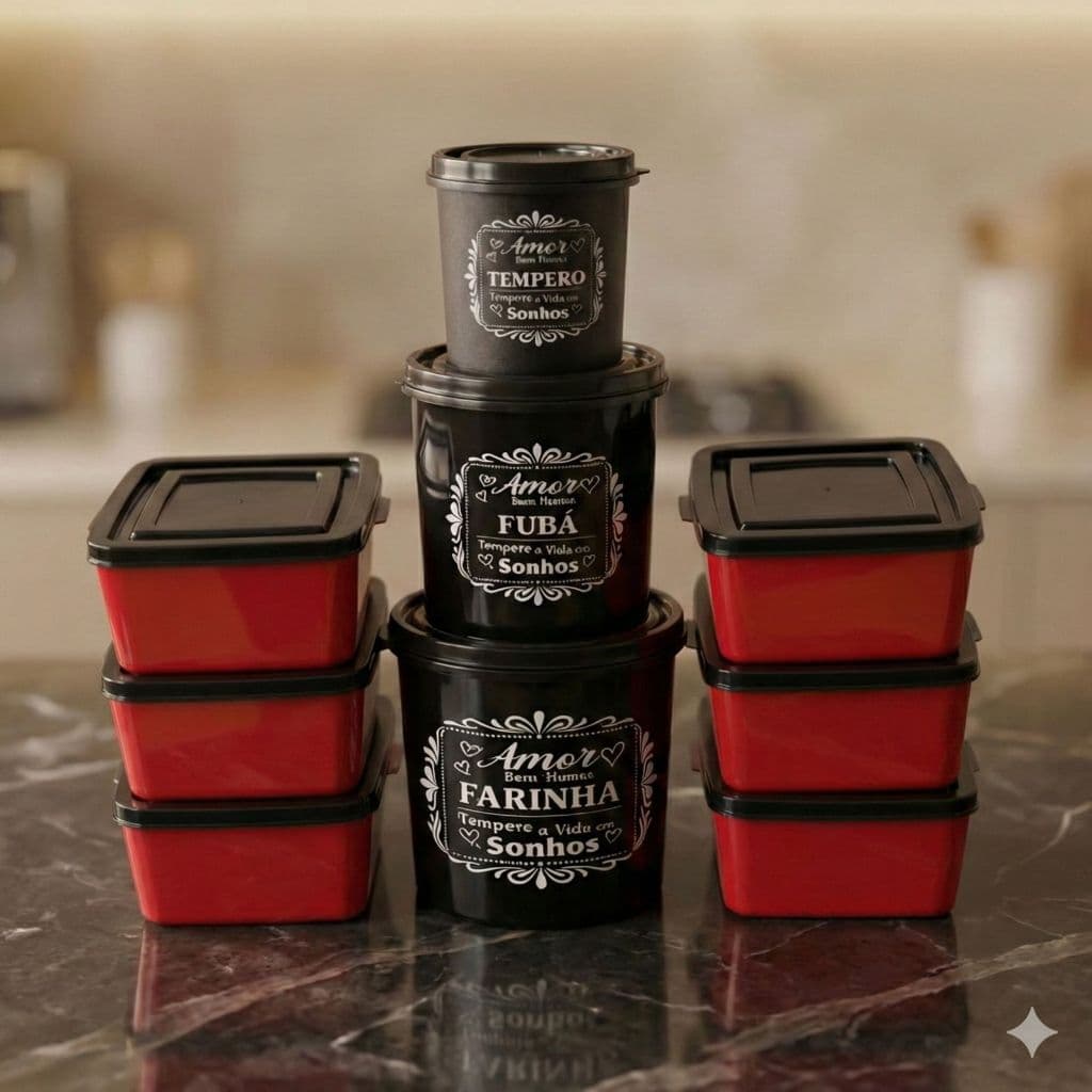 KIT 9 PEÇAS POTES ORGANIZADORES DE ALIMENTOS MANTIMENTO TRIO E 6 POTES 1L