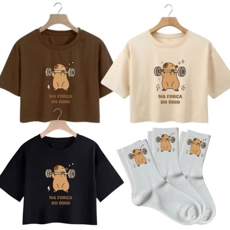 kit 3 Cropedd Academia Estampa Divertida Capivara E 3 Pares De Meias Algodão Estampadas
