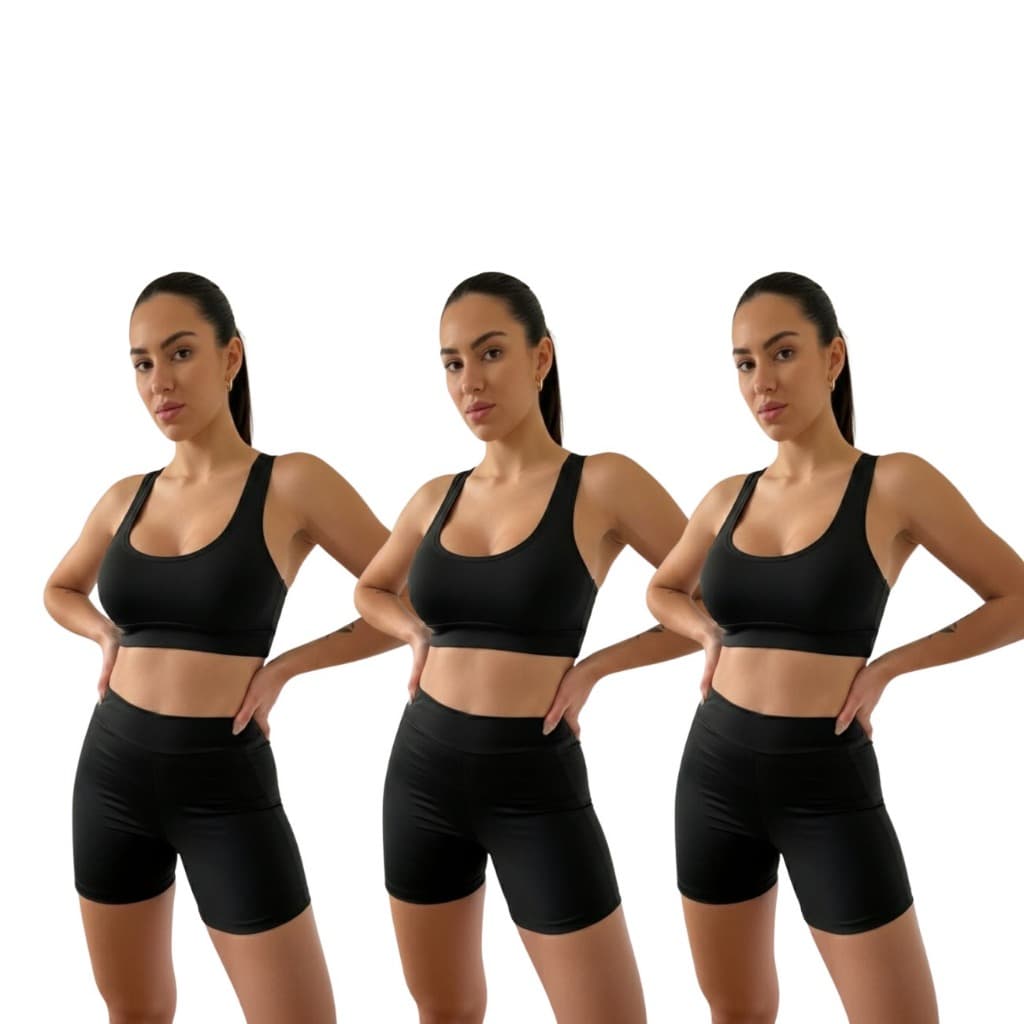 Kit 3 Conjuntos Fitness Top Nadador Shorts bolso lateral Suplex Média Compressão Atividade Física