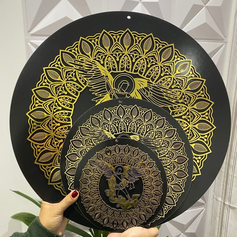 Quadro Decorativo Religioso Mandala São Miguel Arcanjo em Alto Relevo Decoração Casa
