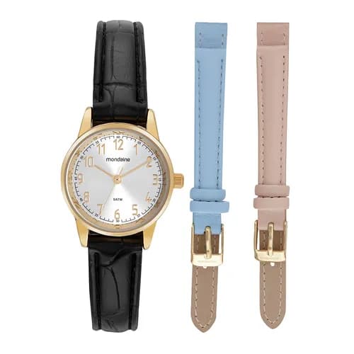 Kit Mondaine Relógio Feminino Dourado Troca Pulseira Couro