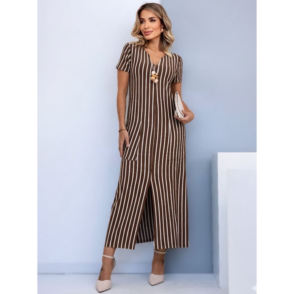 Vestido Feminino Longo Verão Viscolycra Elegante Casual Evangélico Fenda Dress Listrado