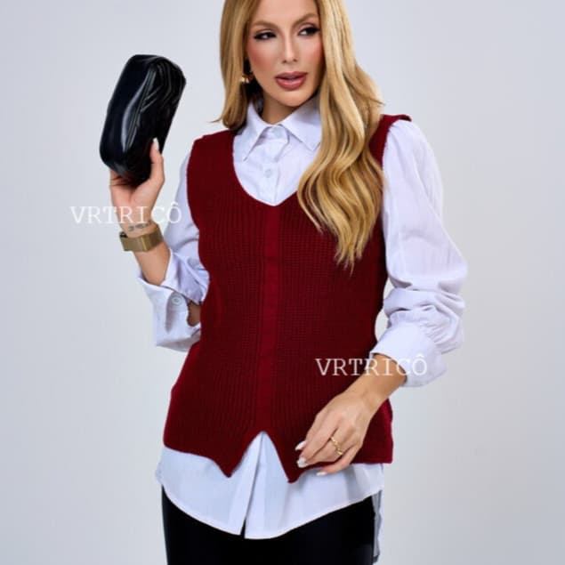 Colete  Feminino Tricot Lã Premium  Sobreposição decote V  Com Detalhe Fenda Blusa De frio Feminina