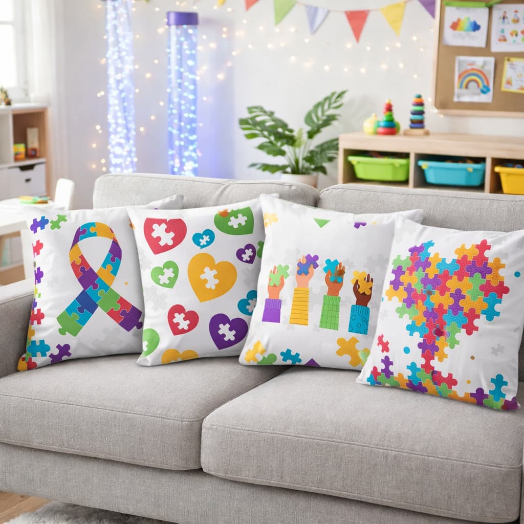 Kit 4 Capas Almofadas Laço Autismo Espectro Autista Quebra-cabeça 45x45