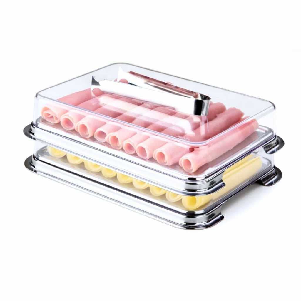 Porta Frios Duplo Bandeja em Inox, tampa em acrílico transparente mais pegador de inox.