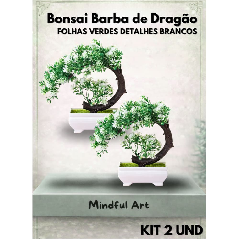 Kit 2 Bonsais Barba de Dragão Folhas Verdes Detalhes Branco Decoração Residencial Comercial Oriental