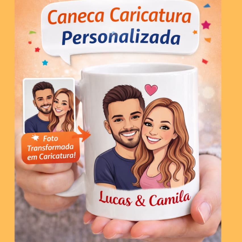 Caneca Caricatura Personalizada 325ml | Envie sua Foto e Transformamos em Desenho | Presente Criativo