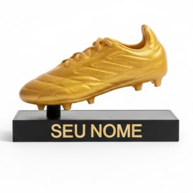 Troféu Chuteira de Ouro Personalizado Nome e Base - Enfeite Decoração Futebol Premium Estatueta Esporte Volta as Aulas