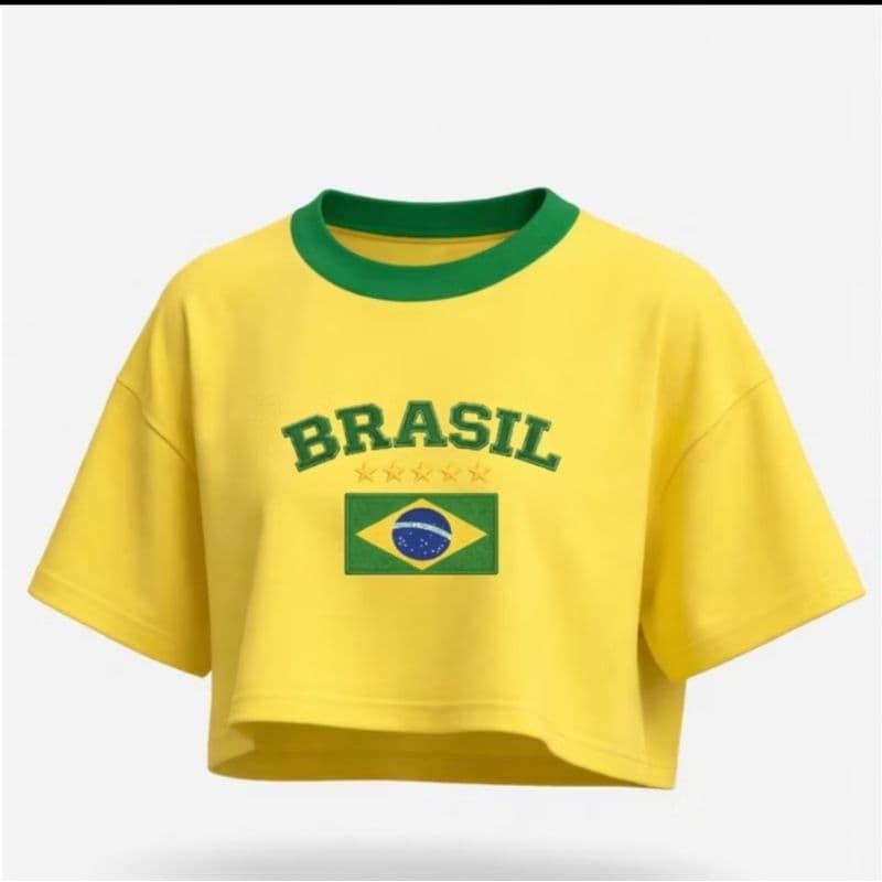 Cropeed Oversized Brasil Feminino Copa do Mundo Estampa Do Brasil 100% Algodão Premium