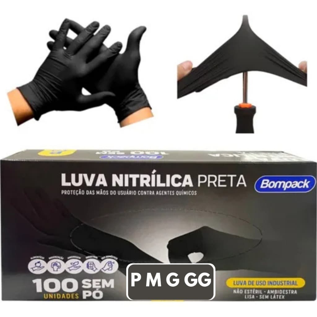 luvas Nitrílica Preta Descartável  Sem pó para salão jardinagem  Bomback