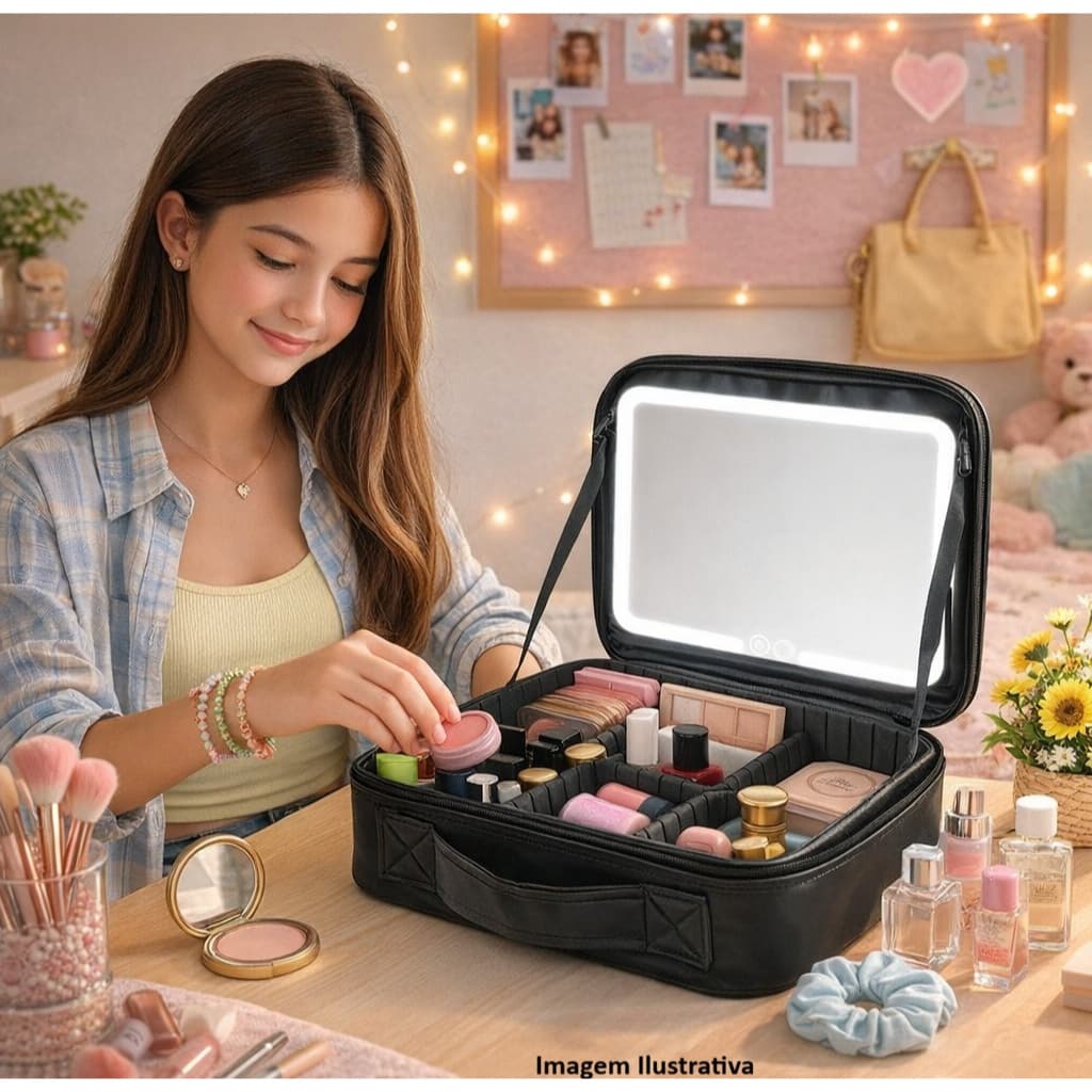 💄 Necessaire com Espelho LED e 12 Compartimentos – Organização e Praticidade em Qualquer Lugar