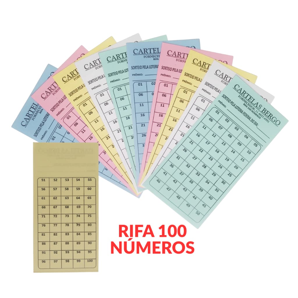 Kit 5 10 20 50 100 Cartelas de Rifa 100 Números Sorteio Evento Ação