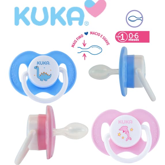Chupeta Kuka Decorada Plus Bico 100% Silicone Universal Simétrico Macio de 0-6 meses Menino e Menina