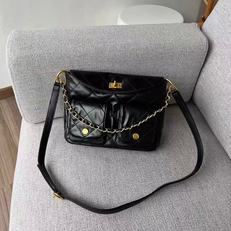 Bolsa tiracolo estilo  retrô com vários bolsos e corrente bolsa de couro encerado para usar embaixo