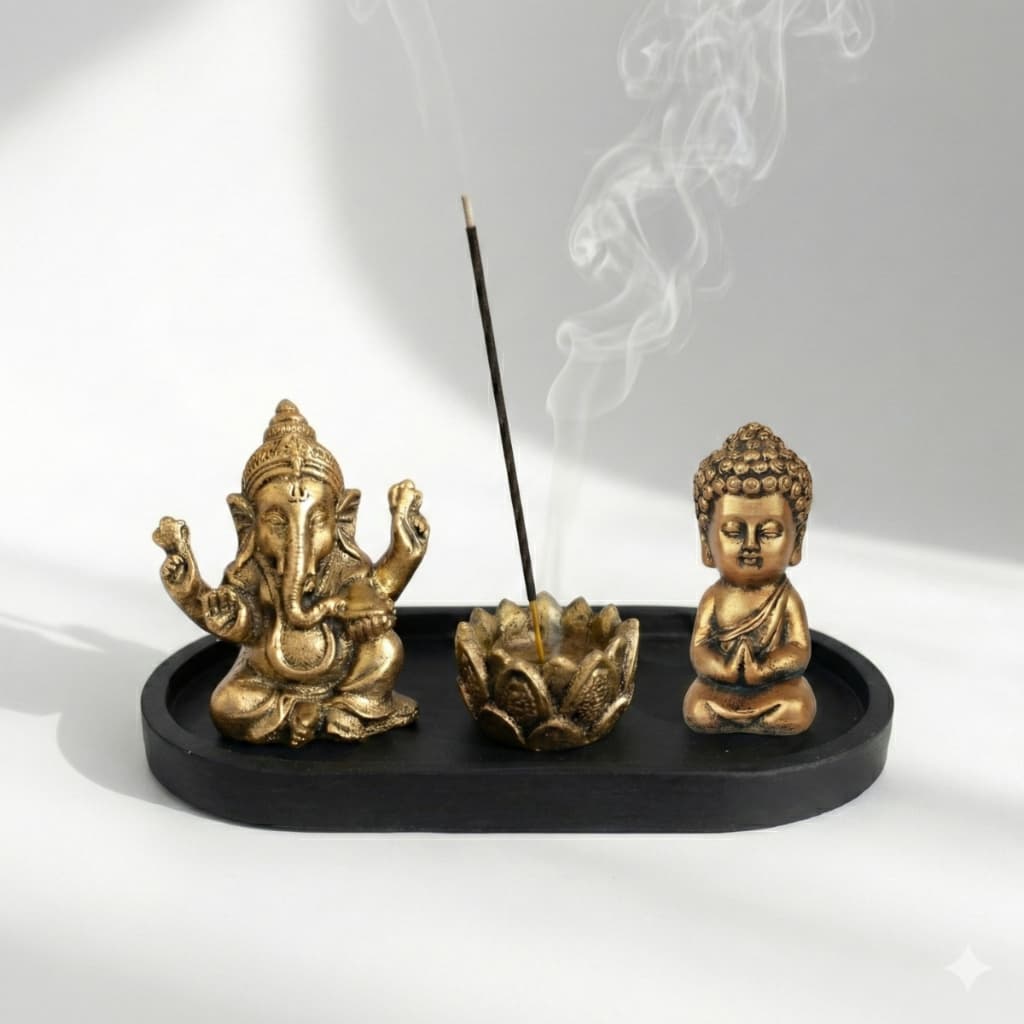 Kit Incensario Flor com Base  e 2 Entidades Místicas em Resina Ganesha, Buda, Buda Tibetano Basset
