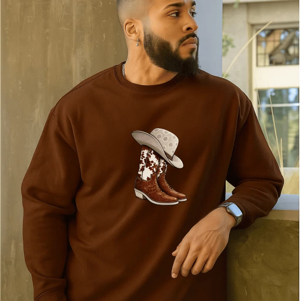 Moletom Masculino Gola Careca Redonda Blusa de Frio Estampado Cowboy Bota 100% Algodão Confortável Quente