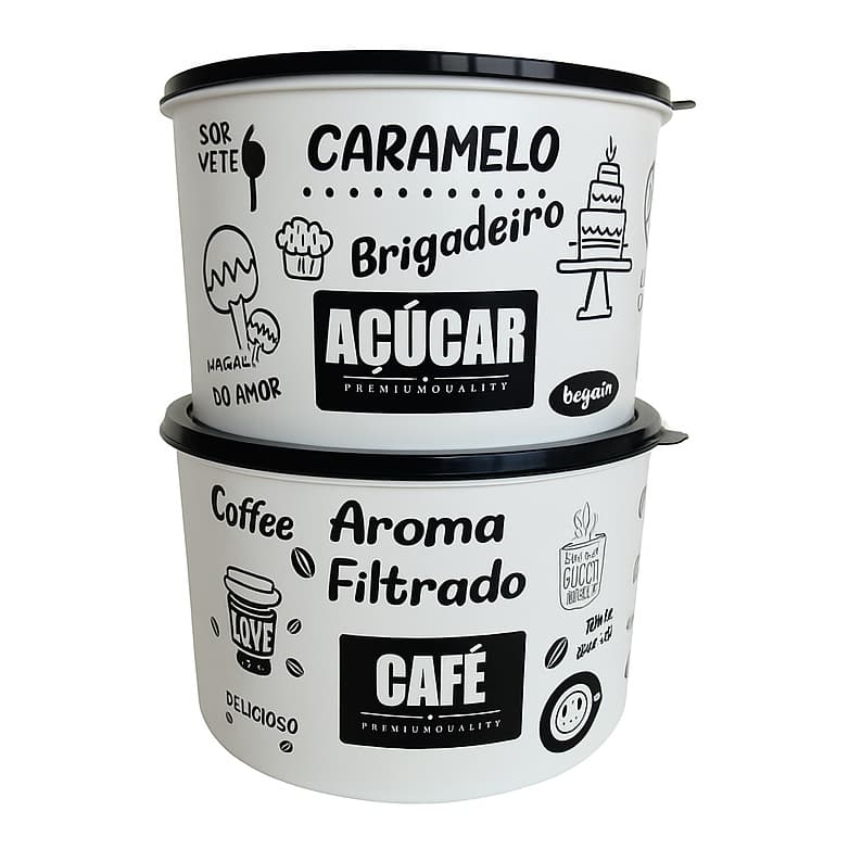 Jogo 2 Potes Porta Mantimentos Café e Açúcar 2 Litros Hermético Organizador Cozinha Premium Grande