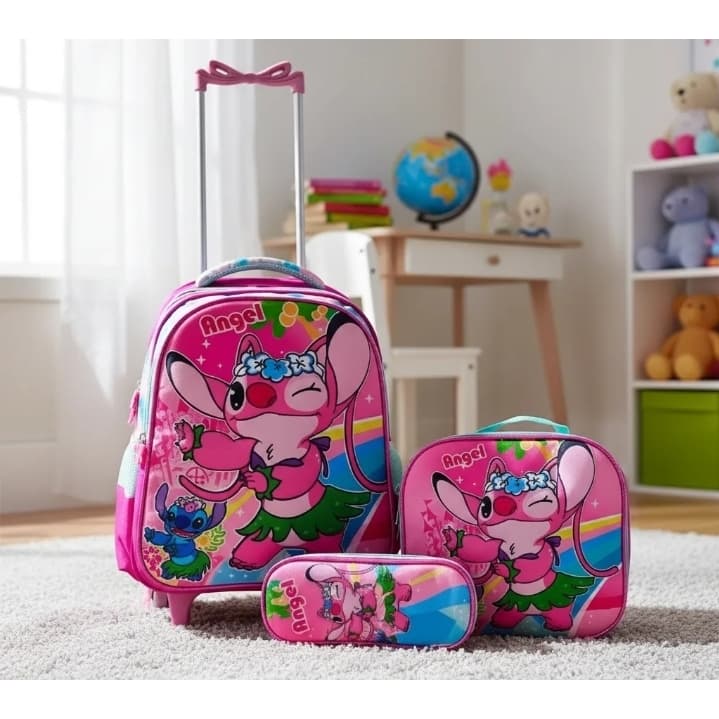 Kit Mochila Rodinha Lancheira Estojo Escolar 3 Em 1 Infantil Lilo Stitch 3D Alto Relevo Impermeável