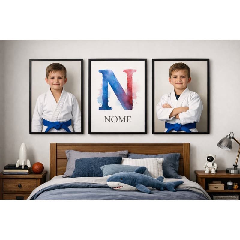 kit 3 quadros decorativo personalizado imagem foto filho ou filha jiu jitsu com nome kimono luta menino menina jiu-jitsu