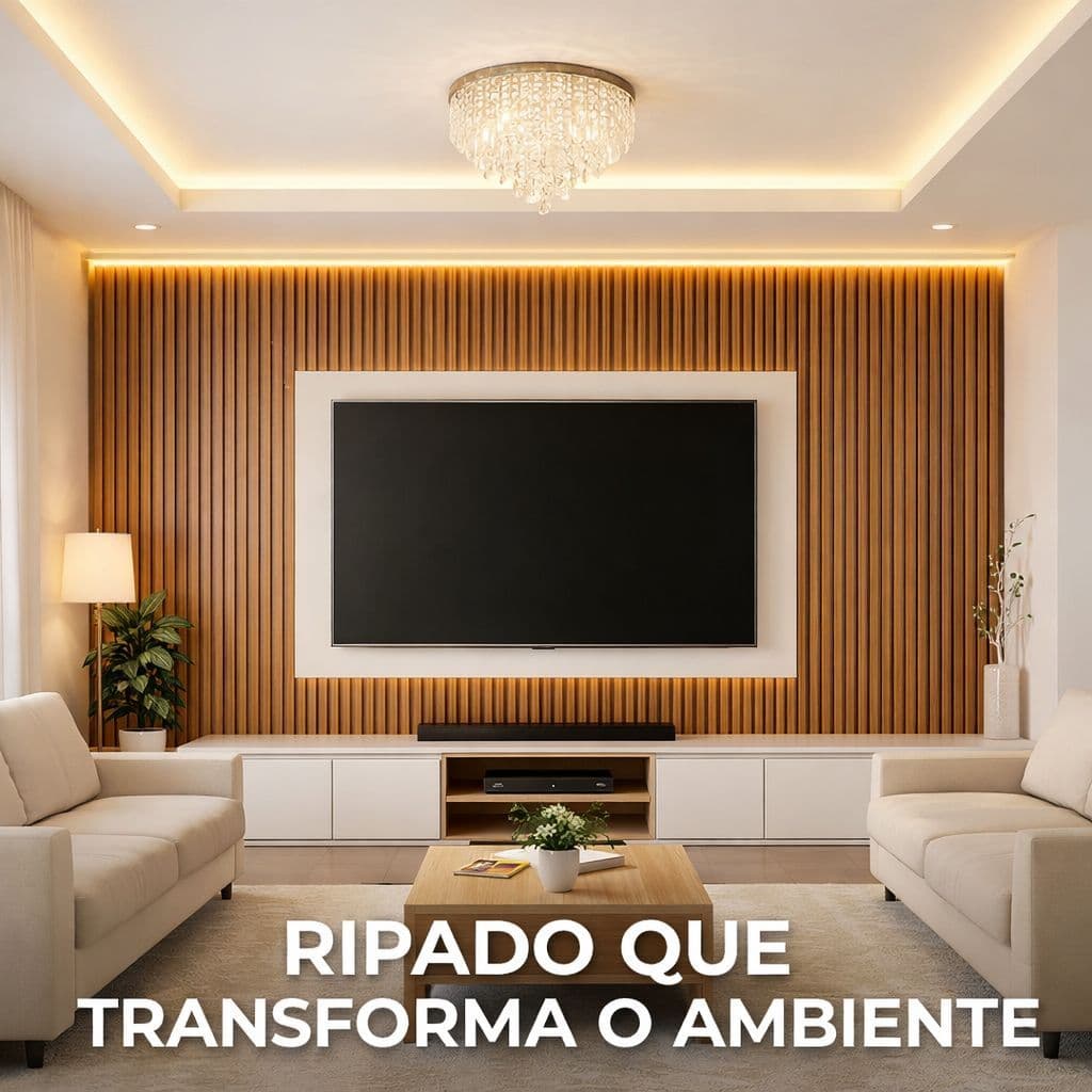 Kit 5 Áte 50 Placas Ripada Autocolante MDF Madeira Premium 45X10 Decorativo Quarto Sala Casa Moderna