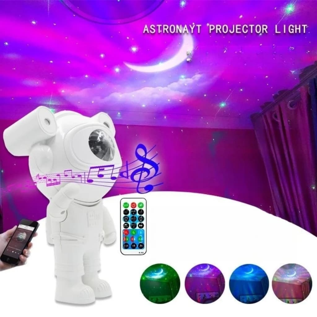 Projetor Astronauta com Projeção Realista de Galáxia e Luzes Coloridas
