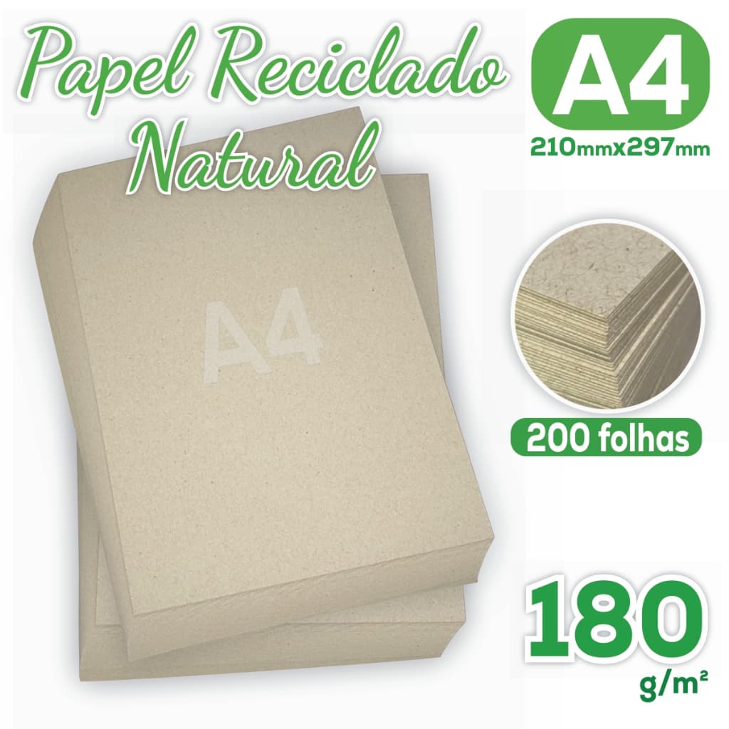 Papel Reciclado A4 180g Pacote com 200 folhas - Eco Premium P/ Jato de tinta e Laser 210x297mm