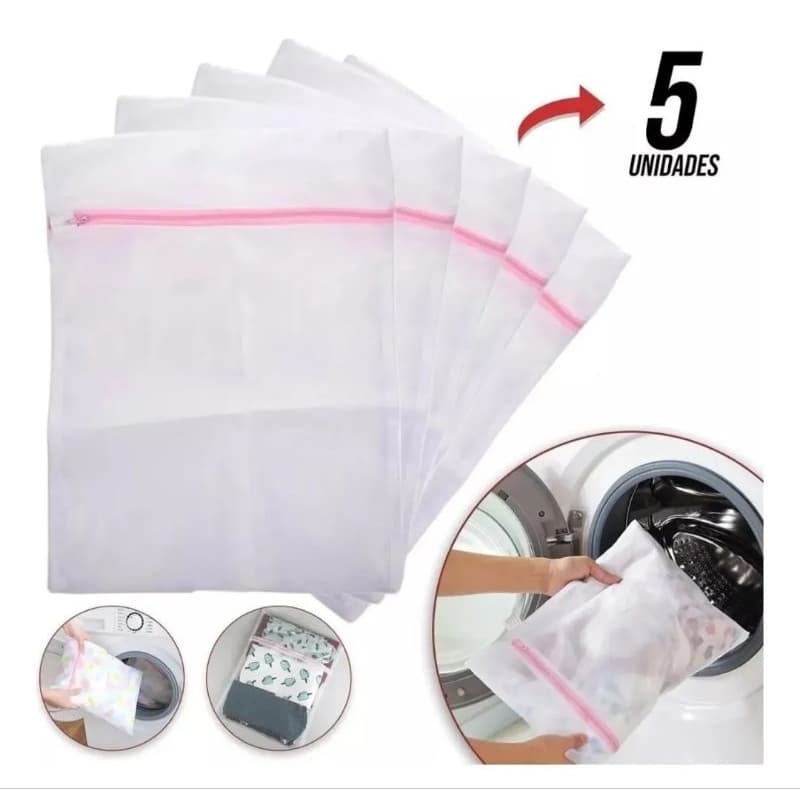 kit 5 Sacos de Lavar Roupas Finas Intima Roupa de Lã Crochê Tricô Saco