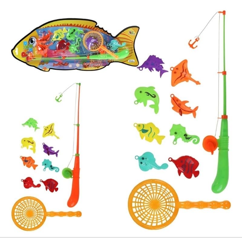 kit Pesca Peixe Com Rede Varinha de Pescar Vara Peixes Animais Marinho Peixinho Brinquedo Presente dia Das Crianças