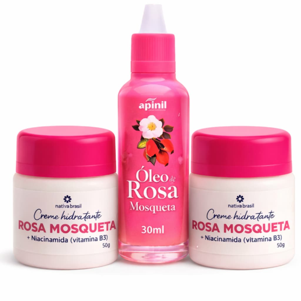 Kit Rosa Mosqueta 2 Creme + 1 Óleo – Hidrata, Regenera e Clareia Manchas da Pele Melasma Acne