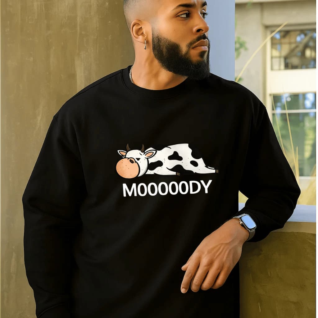 Moletom Masculino Gola Careca Redonda Blusa de Frio Estampado Vaca Moody 100% Algodão Confortável Quente