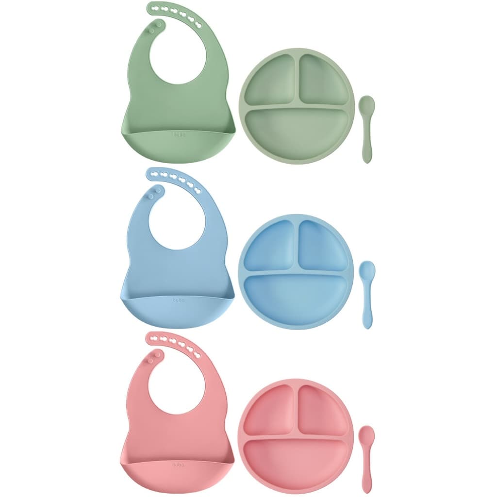Kit alimentação em Silicone Buba; Babador Pega Migalhas, prato com ventosa, colher - conjunto refeição