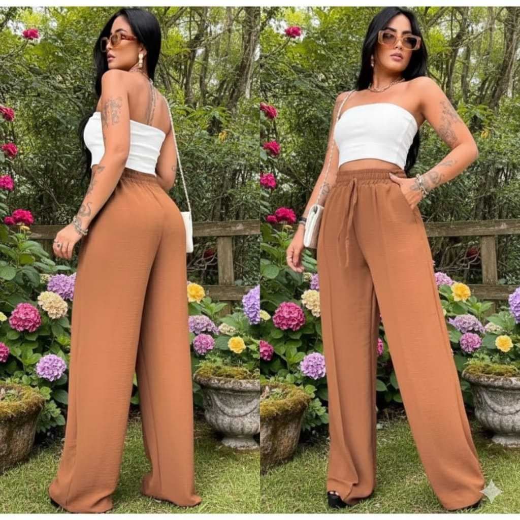 Calça Pantalona Feminina Wide Leg com Cintura Alta em Tecido Duna