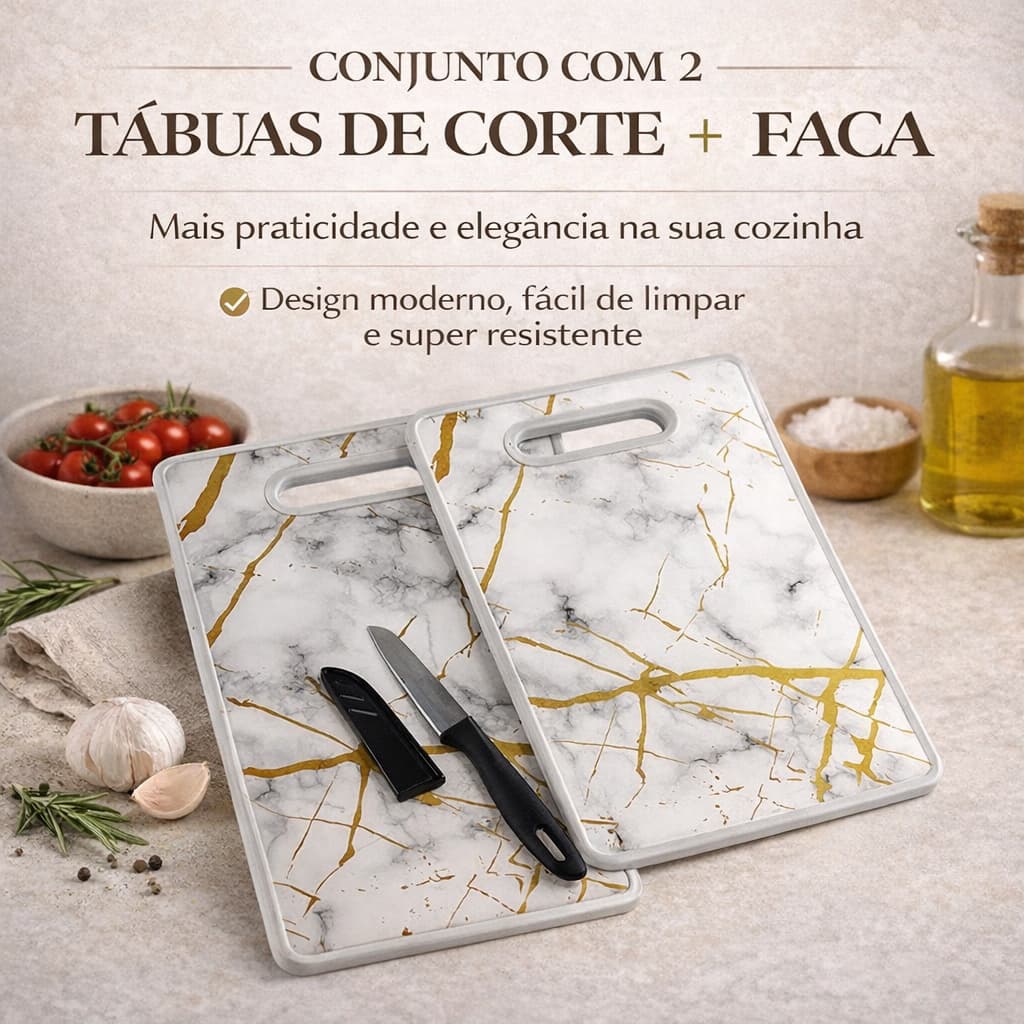 Kit 2 Tábuas Corte com Faca – Plástico Resistente, Marmorizado, Alça Vazada, Cozinha Prática