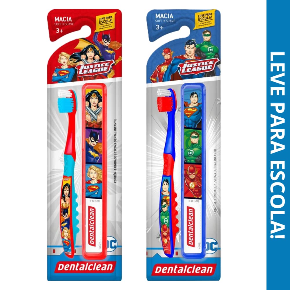 Kit Escova Dental Infantil Dentalclean Heróis Extra Macia + Estojo | Higiene Bucal Crianças