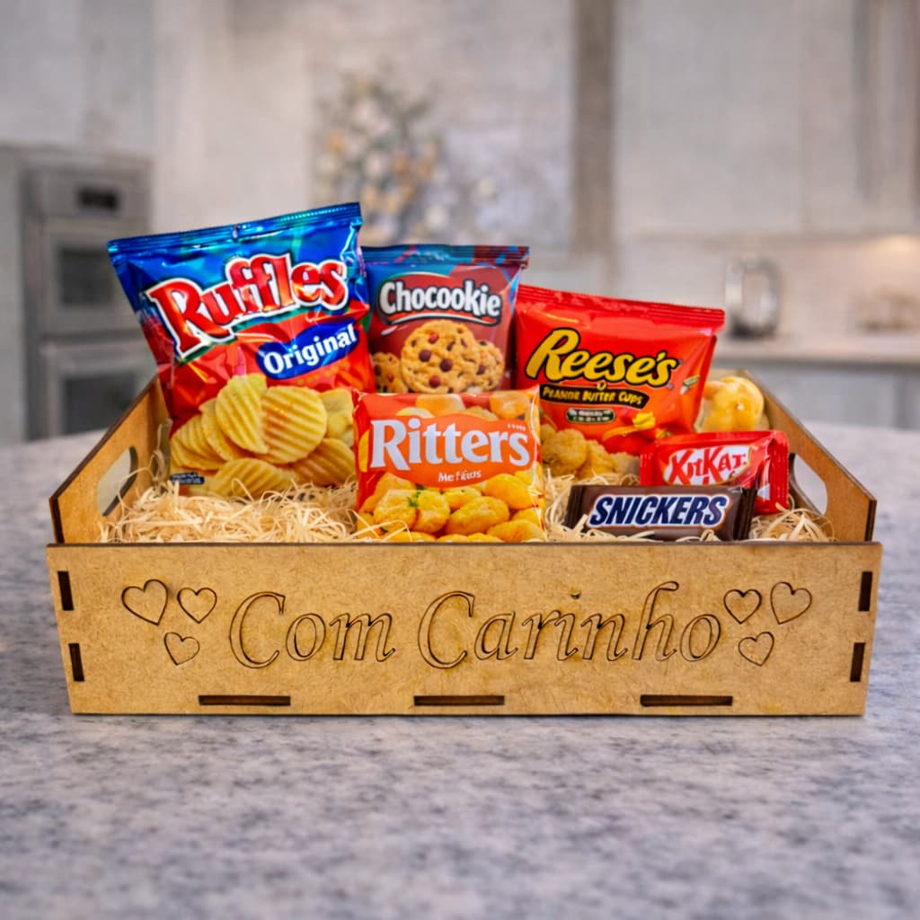 Kit  Bandejas MDF Cru 20x15x5  “Com Carinho” e Coração | Cesta Café da Manhã, Presente e Ocasiões Especiais