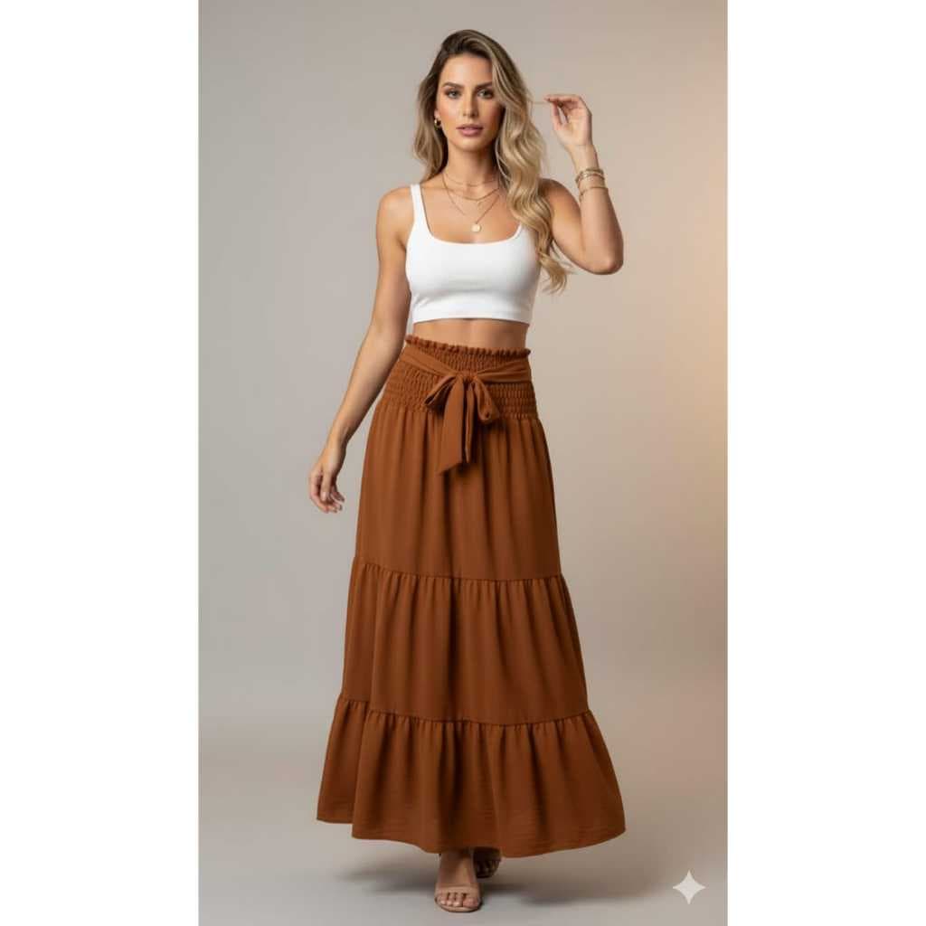 Saia Longa Feminina Três Maria Cintura Alta , Com Lastex, Com Laço Fit e Flare Moda Evangélicas 2026