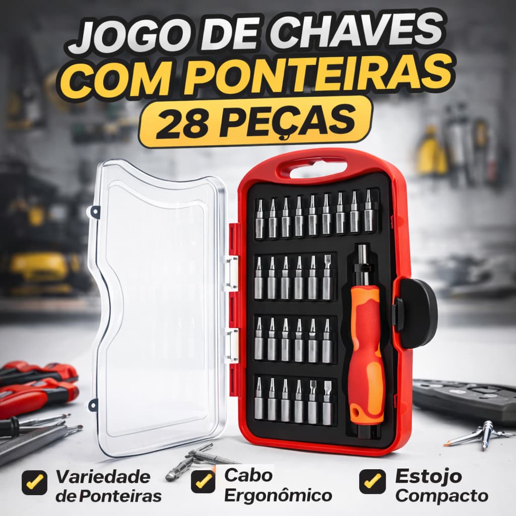 Kit Jogo com Chave e Ponteiras 28 Peças – Com Estojo