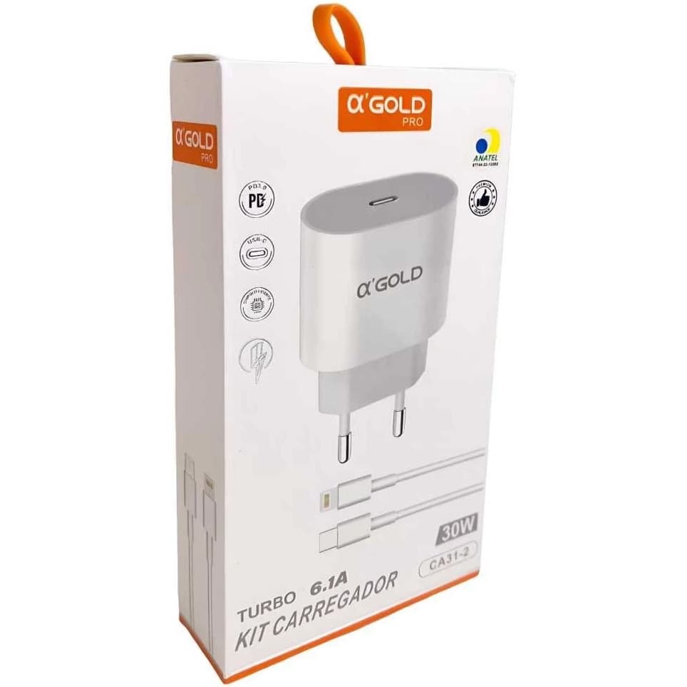 Kit Carregador iPhone A'gold CA31-2 Turbo 30W 6.1A | Fonte + Cabo Lightning Reforçado