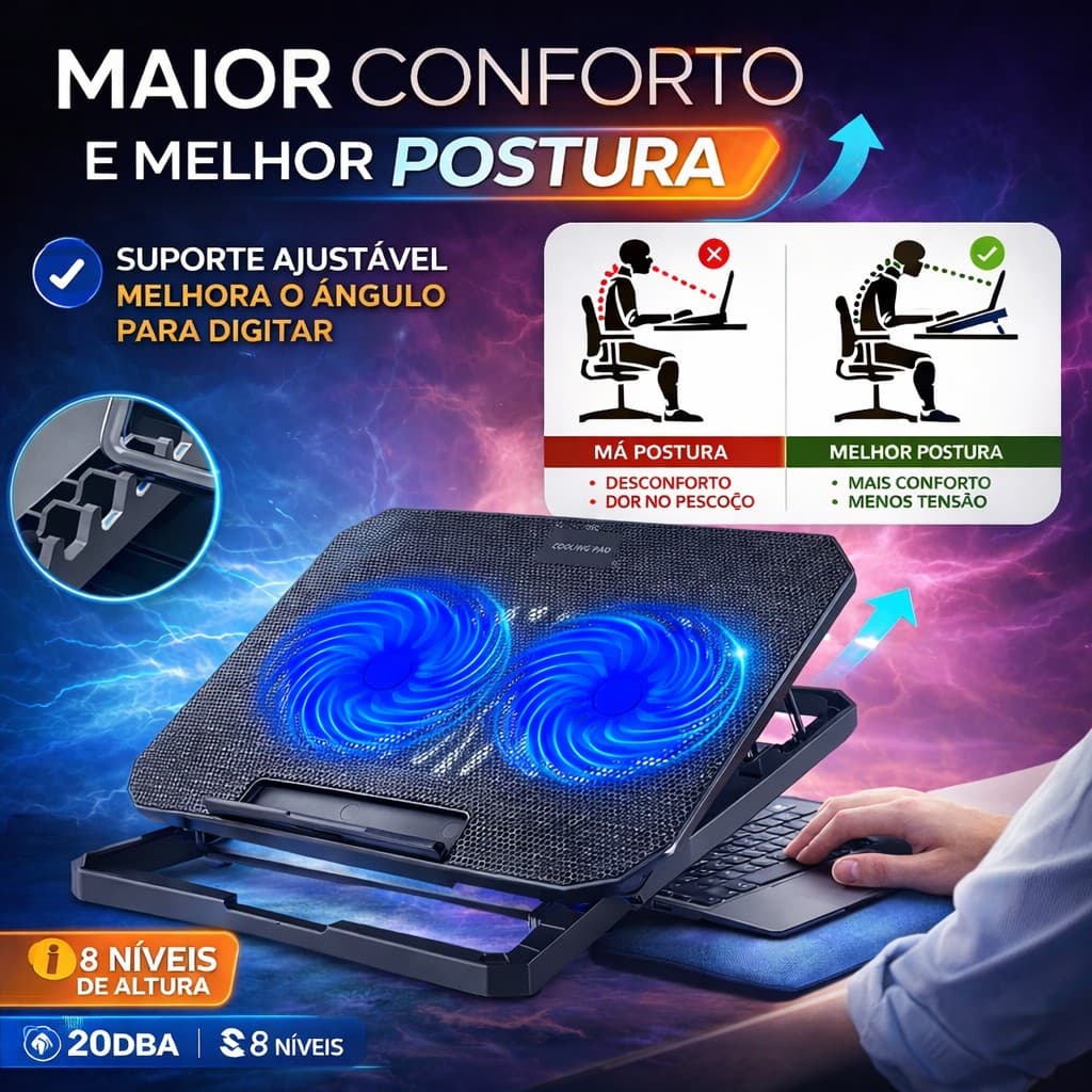 Suporte Notebook Refrigerado 2 Coolers Ventilação Silenciosa Ajustável USB até 17” GAMER  LED BM-763