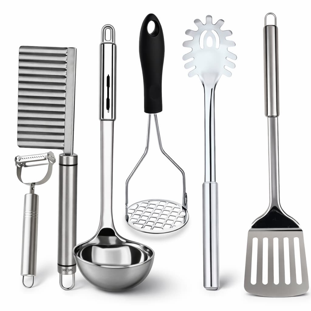 Kit Utensílios Inox 6 Peças - Receitas de Chef em Casa, Conchas, Amassador, Pegador, Fatiador