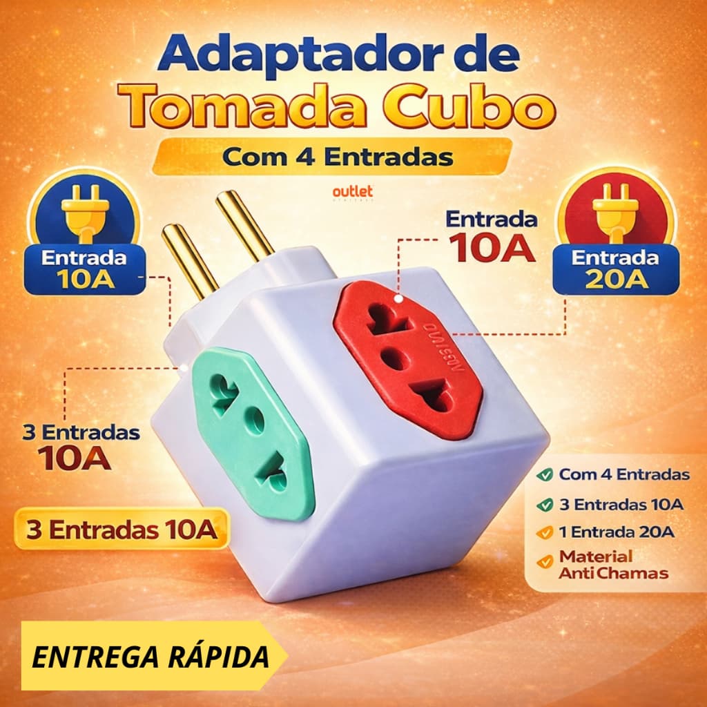 Adaptador de Tomada Cubo Benjamin Pino Maciço Resistente de 10A/20A com 4 Tomadas Colorida T Multiuso
