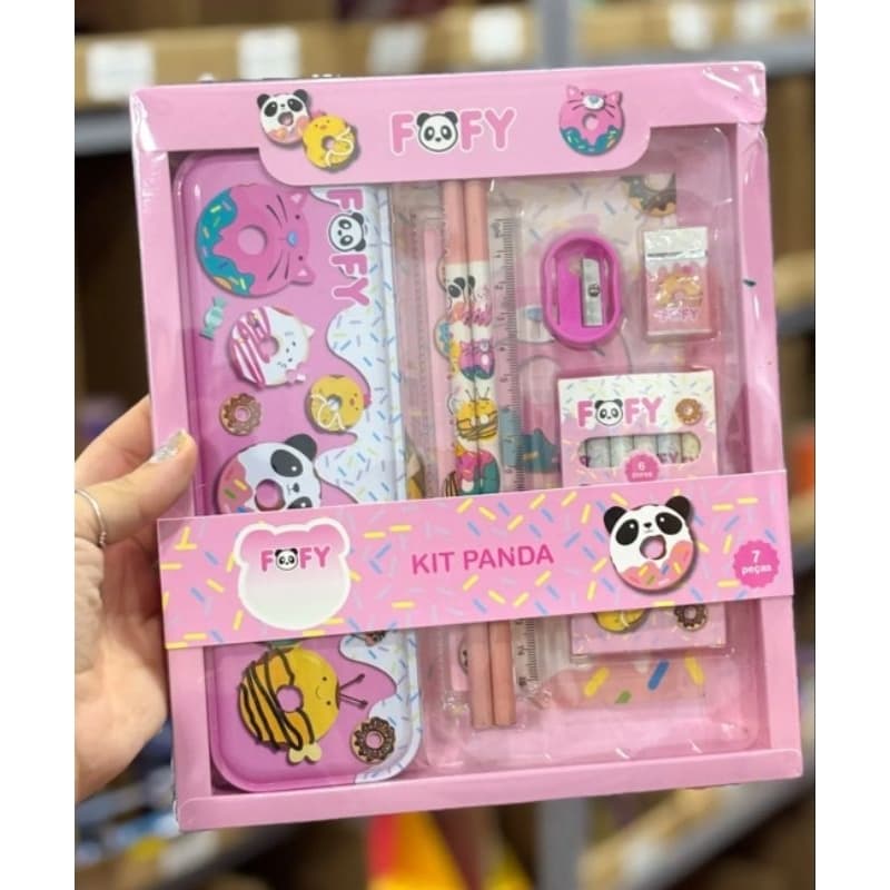 Kit Escolar Panda Fofy 12 Peças Completo Papelaria Fofa Kawaii - Estojo e Acessórios