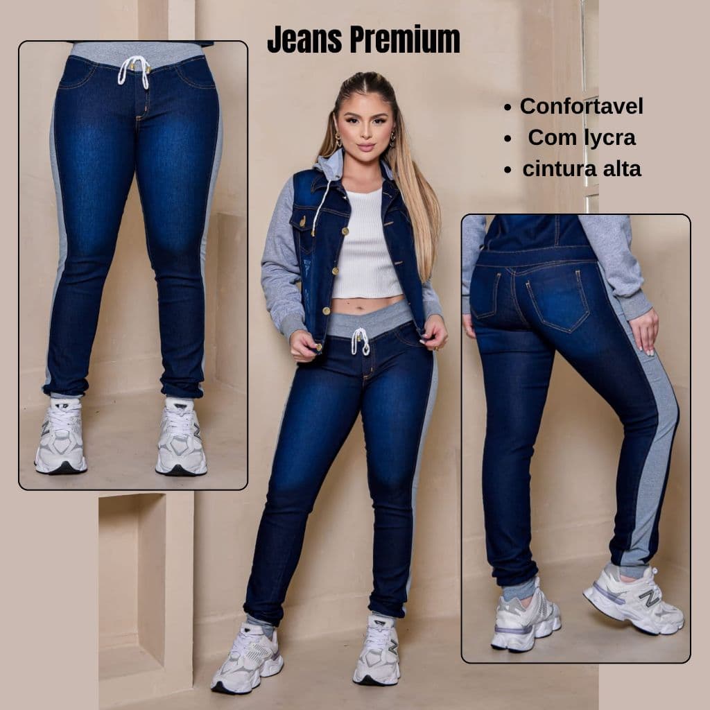 Calça Jeans Feminina Detalhe Moletom Cintura Alta com Lycra Levanta Bumbum