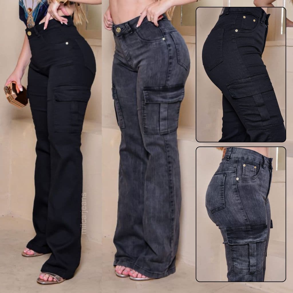 Calça Jeans feminina Wide Leg Cargo Pantalona boca larga - cintura alta premium