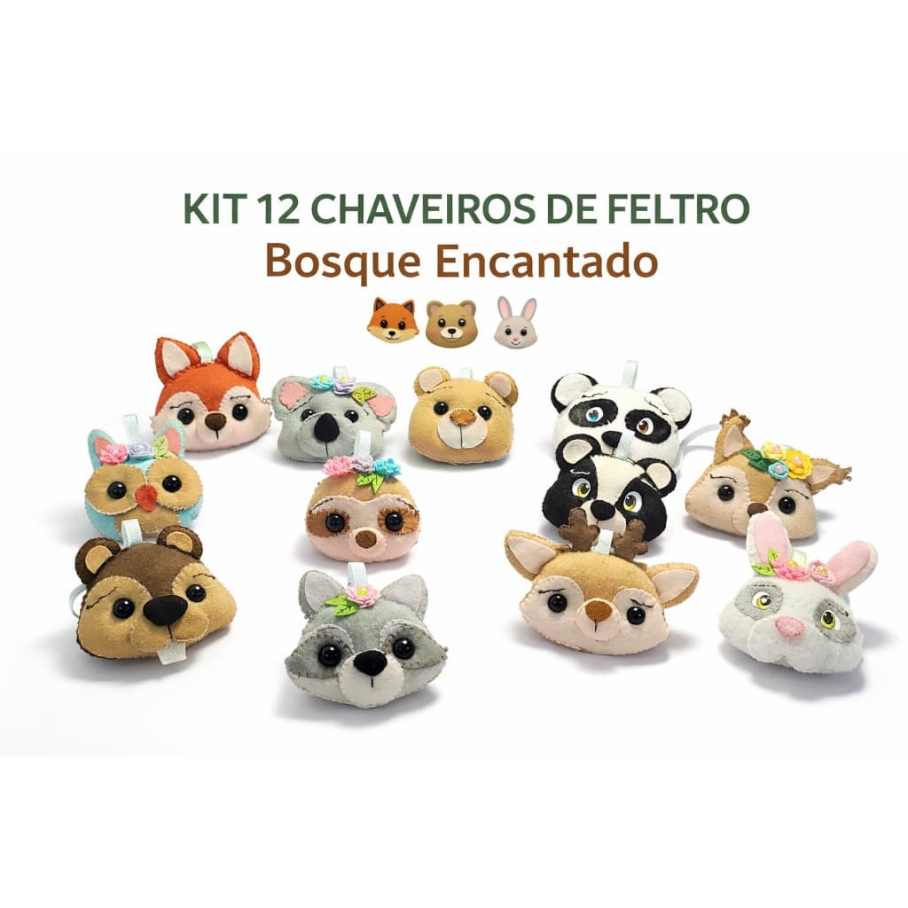 Kit 12 Chaveiros Feltro – Coruja, Bicho preguiça, Raposa, Coelho, Urso, Guaxinim ,Panda, Esquilo, Coala, Castor, Servo.