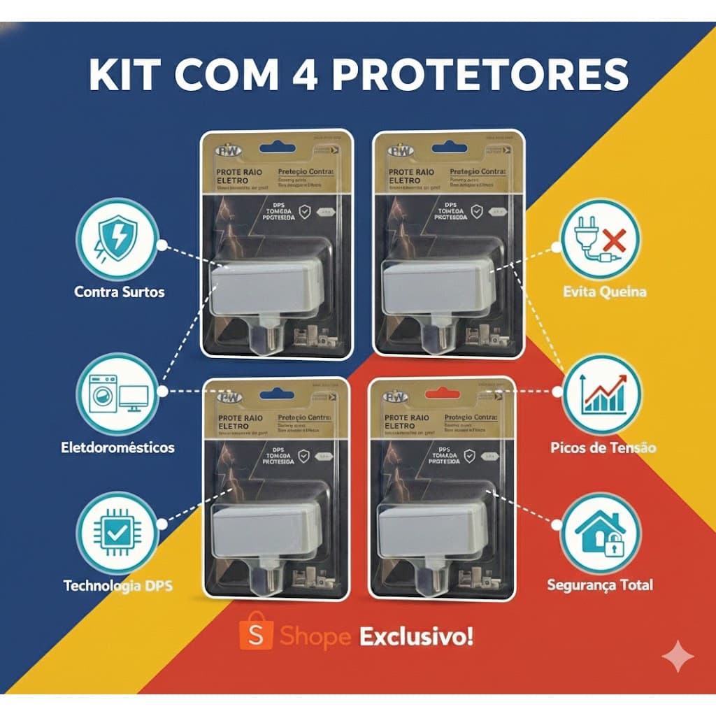 Kit com 4 Protetores de Raio PW Eletro 2 Tomadas 10A Pino fino - O Mais Vendido!
