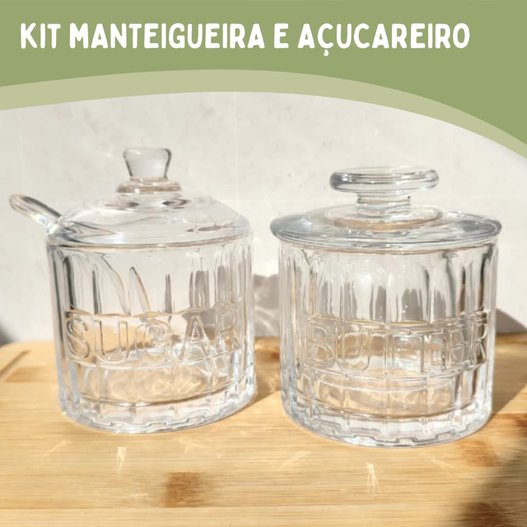 Kit Açucareiro e Manteigueira 2 Peças em Vidro Wolff Moderno  Mesa Posta Elegante  Café da Manhã